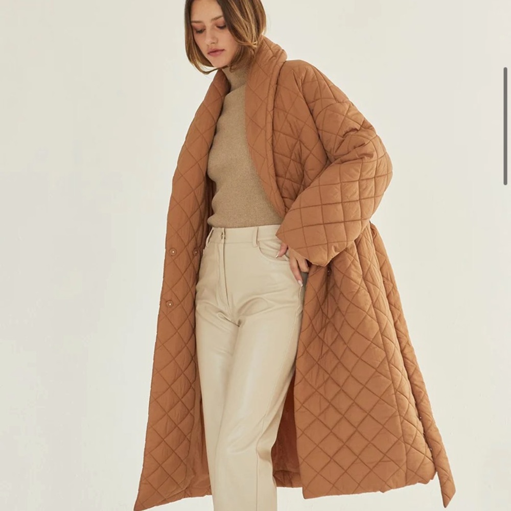Quilted puffer wrap coat in beautiful camel tan color